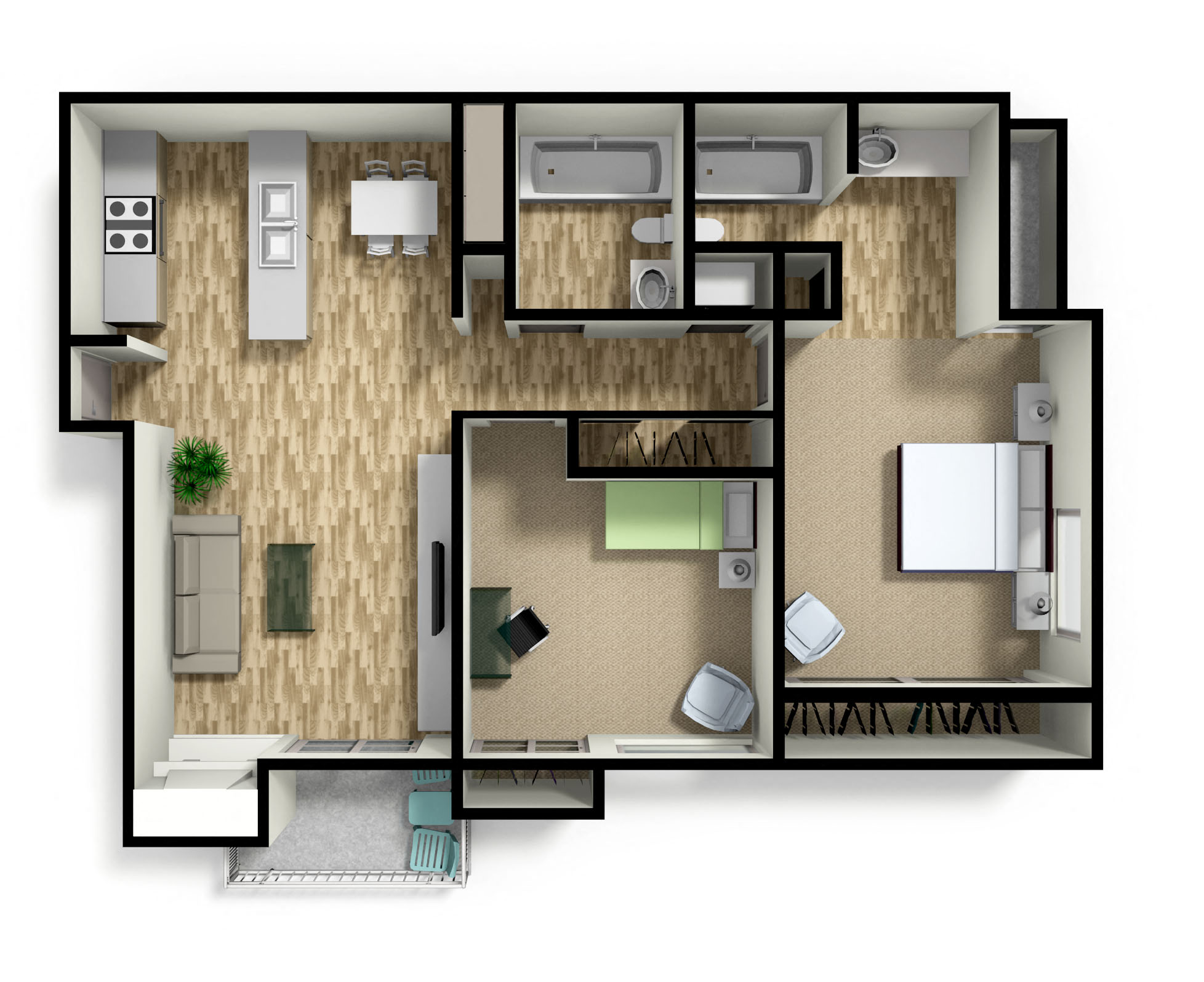 Floor plan for 2 beds, 2 baths, 955 sqft